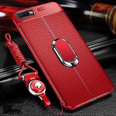 Silikon Hülle Handyhülle Gummi Schutzhülle Leder Tasche mit Magnetisch Fingerring Ständer T01 für Oppo R17 Neo Rot