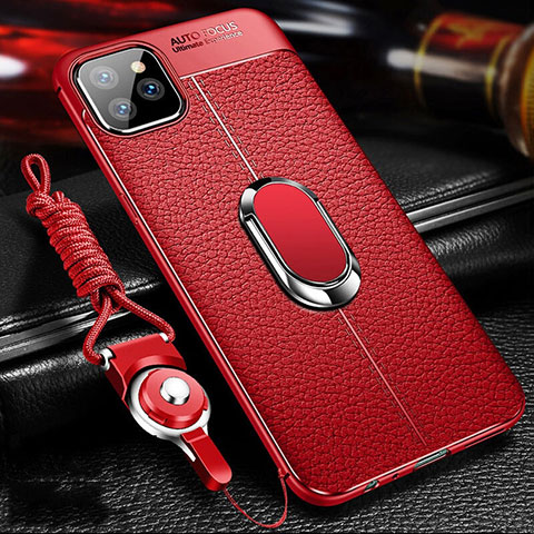 Silikon Hülle Handyhülle Gummi Schutzhülle Leder Tasche mit Magnetisch Fingerring Ständer T03 für Apple iPhone 11 Pro Max Rot