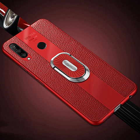 Silikon Hülle Handyhülle Gummi Schutzhülle Leder Tasche mit Magnetisch Fingerring Ständer T03 für Huawei P30 Lite New Edition Rot