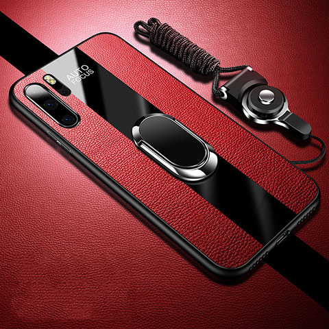 Silikon Hülle Handyhülle Gummi Schutzhülle Leder Tasche mit Magnetisch Fingerring Ständer T03 für Huawei P30 Pro New Edition Rot