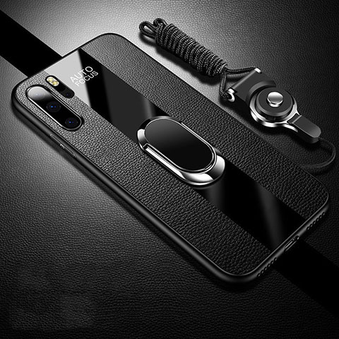 Silikon Hülle Handyhülle Gummi Schutzhülle Leder Tasche mit Magnetisch Fingerring Ständer T03 für Huawei P30 Pro New Edition Schwarz