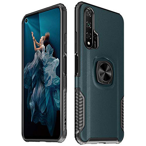 Silikon Hülle Handyhülle Gummi Schutzhülle Leder Tasche mit Magnetisch Fingerring Ständer T04 für Huawei Honor 20 Pro Grün