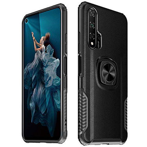 Silikon Hülle Handyhülle Gummi Schutzhülle Leder Tasche mit Magnetisch Fingerring Ständer T04 für Huawei Honor 20 Pro Schwarz