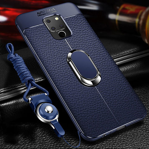 Silikon Hülle Handyhülle Gummi Schutzhülle Leder Tasche mit Magnetisch Fingerring Ständer T04 für Huawei Mate 20 Blau