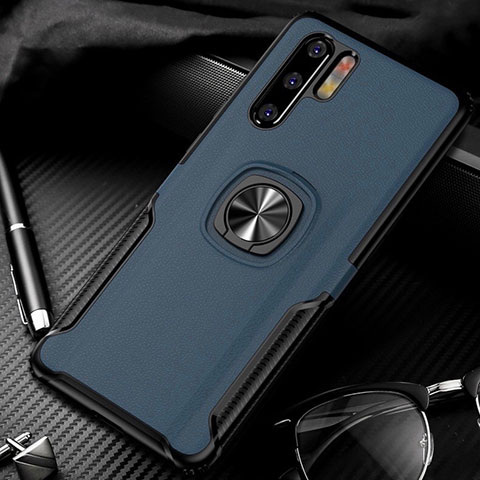 Silikon Hülle Handyhülle Gummi Schutzhülle Leder Tasche mit Magnetisch Fingerring Ständer T05 für Huawei P30 Pro Blau