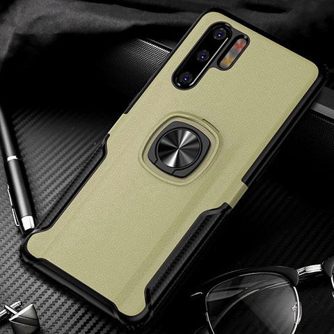 Silikon Hülle Handyhülle Gummi Schutzhülle Leder Tasche mit Magnetisch Fingerring Ständer T05 für Huawei P30 Pro Gold