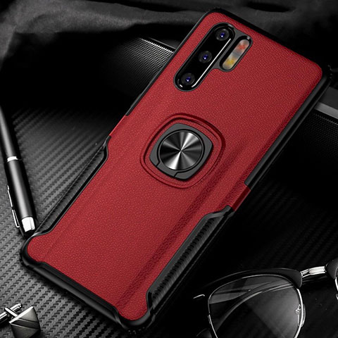 Silikon Hülle Handyhülle Gummi Schutzhülle Leder Tasche mit Magnetisch Fingerring Ständer T05 für Huawei P30 Pro Rot