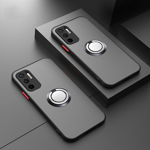 Silikon Hülle Handyhülle Rahmen Schutzhülle Durchsichtig Transparent Ganzkörper mit Magnetisch Fingerring Ständer T01 für Xiaomi Redmi Note 10 5G Schwarz