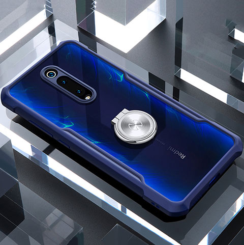 Silikon Hülle Handyhülle Rahmen Schutzhülle Durchsichtig Transparent Spiegel 360 Grad Ganzkörper mit Magnetisch Fingerring Ständer T01 für Xiaomi Mi 9T Pro Blau