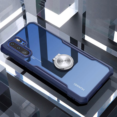 Silikon Hülle Handyhülle Rahmen Schutzhülle Durchsichtig Transparent Spiegel 360 Grad mit Magnetisch Fingerring Ständer für Huawei P30 Pro Blau