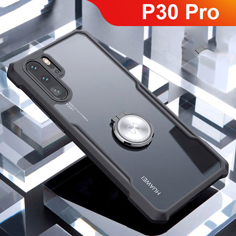 Silikon Hülle Handyhülle Rahmen Schutzhülle Durchsichtig Transparent Spiegel 360 Grad mit Magnetisch Fingerring Ständer für Huawei P30 Pro Schwarz