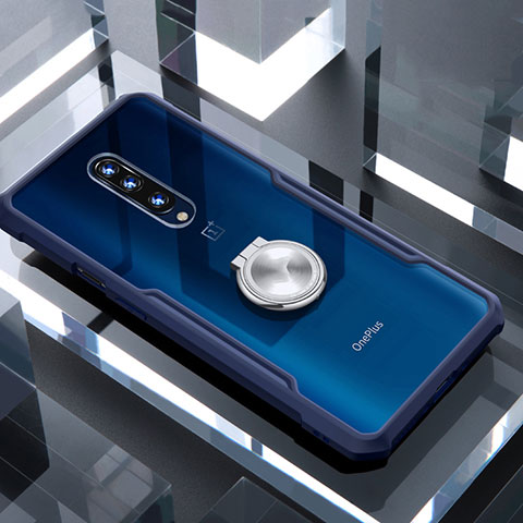 Silikon Hülle Handyhülle Rahmen Schutzhülle Durchsichtig Transparent Spiegel 360 Grad mit Magnetisch Fingerring Ständer für OnePlus 7 Pro Blau