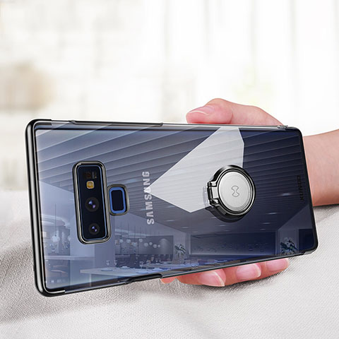 Silikon Hülle Handyhülle Rahmen Schutzhülle Durchsichtig Transparent Spiegel 360 Grad mit Magnetisch Fingerring Ständer für Samsung Galaxy Note 9 Schwarz