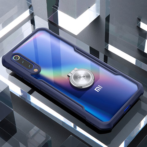 Silikon Hülle Handyhülle Rahmen Schutzhülle Durchsichtig Transparent Spiegel 360 Grad mit Magnetisch Fingerring Ständer für Xiaomi Mi 9 Lite Blau