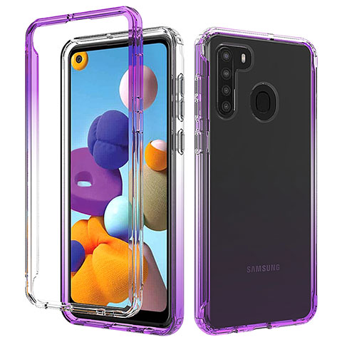 Silikon Hülle Handyhülle Ultra Dünn Flexible Schutzhülle Tasche Transparent Vorder und Rückseite 360 Grad Ganzkörper Farbverlauf JX1 für Samsung Galaxy A21s Violett