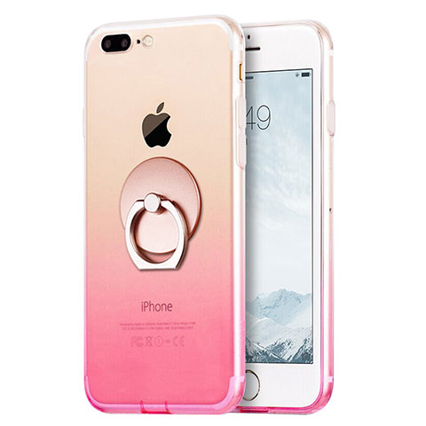 Silikon Hülle Handyhülle Ultra Dünn Schutzhülle Durchsichtig Farbverlauf mit Fingerring Ständer für Apple iPhone 7 Plus Rosa