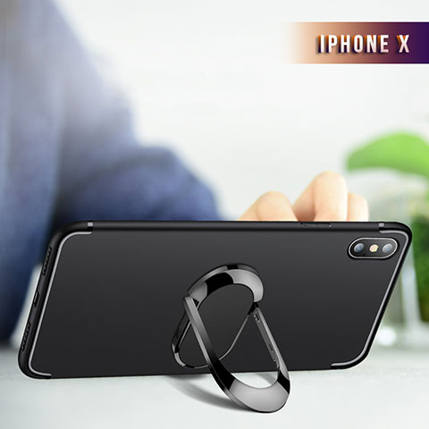 Silikon Hülle Handyhülle Ultra Dünn Schutzhülle Durchsichtig Transparent mit Fingerring Ständer R01 für Apple iPhone X Schwarz