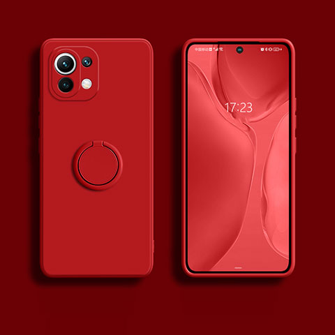 Silikon Hülle Handyhülle Ultra Dünn Schutzhülle Flexible Tasche Silikon mit Magnetisch Fingerring Ständer T02 für Xiaomi Mi 11 5G Rot