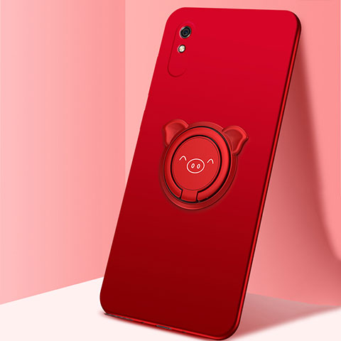 Silikon Hülle Handyhülle Ultra Dünn Schutzhülle Flexible Tasche Silikon mit Magnetisch Fingerring Ständer T02 für Xiaomi Redmi 9A Rot