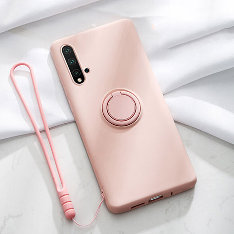 Silikon Hülle Handyhülle Ultra Dünn Schutzhülle Flexible Tasche Silikon mit Magnetisch Fingerring Ständer T03 für Huawei Nova 5 Pro Rosa