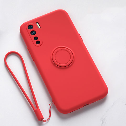 Silikon Hülle Handyhülle Ultra Dünn Schutzhülle Flexible Tasche Silikon mit Magnetisch Fingerring Ständer T03 für Oppo A91 Rot