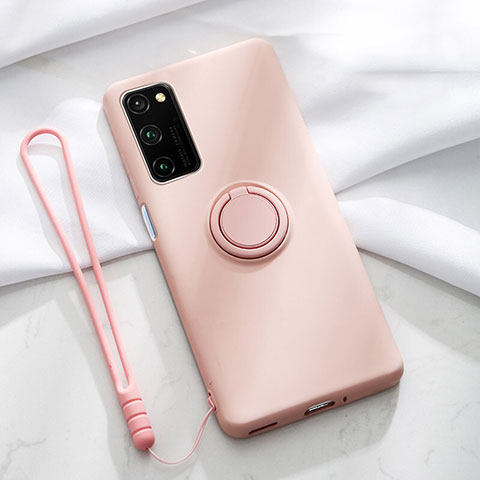 Silikon Hülle Handyhülle Ultra Dünn Schutzhülle Flexible Tasche Silikon mit Magnetisch Fingerring Ständer T04 für Huawei Honor V30 5G Rosa