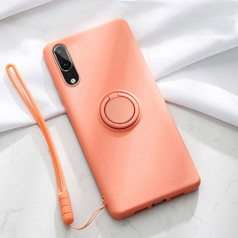 Silikon Hülle Handyhülle Ultra Dünn Schutzhülle Flexible Tasche Silikon mit Magnetisch Fingerring Ständer T04 für Huawei P20 Orange