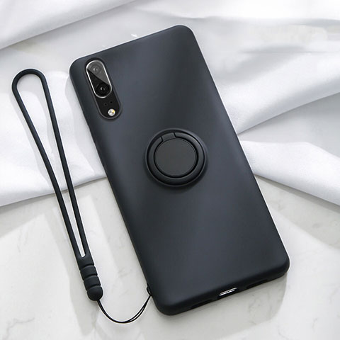 Silikon Hülle Handyhülle Ultra Dünn Schutzhülle Flexible Tasche Silikon mit Magnetisch Fingerring Ständer T04 für Huawei P20 Schwarz