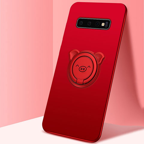 Silikon Hülle Handyhülle Ultra Dünn Schutzhülle Flexible Tasche Silikon mit Magnetisch Fingerring Ständer T06 für Samsung Galaxy S10 Rot