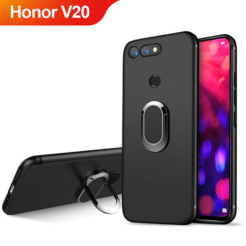 Silikon Hülle Handyhülle Ultra Dünn Schutzhülle Silikon mit Magnetisch Fingerring Ständer für Huawei Honor View 20 Schwarz