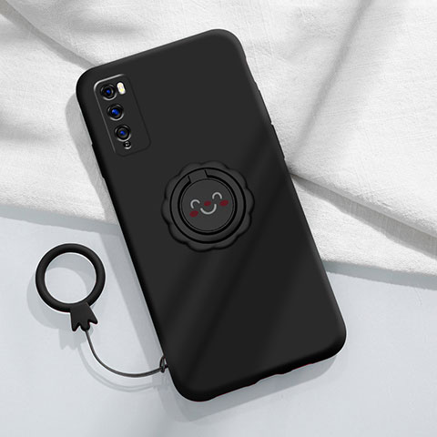 Silikon Hülle Handyhülle Ultra Dünn Schutzhülle Tasche Flexible mit Magnetisch Fingerring Ständer A02 für Huawei Enjoy 20 Pro 5G Schwarz