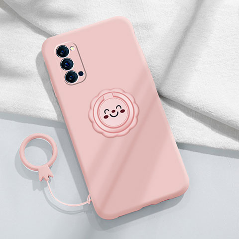 Silikon Hülle Handyhülle Ultra Dünn Schutzhülle Tasche Flexible mit Magnetisch Fingerring Ständer für Oppo Reno4 5G Rosa