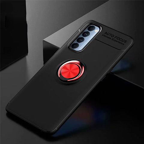 Silikon Hülle Handyhülle Ultra Dünn Schutzhülle Tasche Flexible mit Magnetisch Fingerring Ständer für Oppo Reno4 Pro 4G Rot und Schwarz