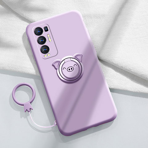 Silikon Hülle Handyhülle Ultra Dünn Schutzhülle Tasche Flexible mit Magnetisch Fingerring Ständer für Oppo Reno5 Pro+ Plus 5G Helles Lila