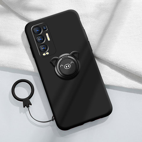 Silikon Hülle Handyhülle Ultra Dünn Schutzhülle Tasche Flexible mit Magnetisch Fingerring Ständer für Oppo Reno5 Pro+ Plus 5G Schwarz