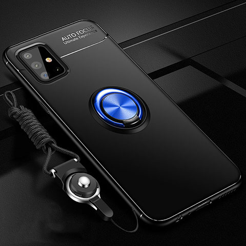 Silikon Hülle Handyhülle Ultra Dünn Schutzhülle Tasche Flexible mit Magnetisch Fingerring Ständer für Samsung Galaxy M40S Blau und Schwarz