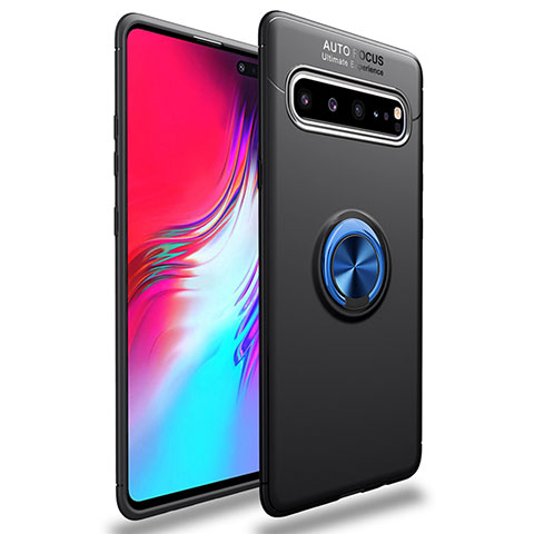 Silikon Hülle Handyhülle Ultra Dünn Schutzhülle Tasche Flexible mit Magnetisch Fingerring Ständer für Samsung Galaxy S10 5G SM-G977B Blau und Schwarz