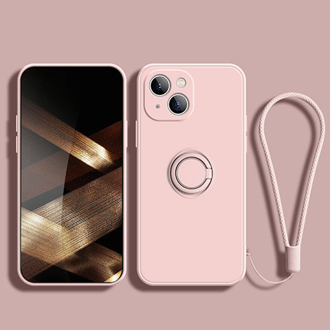 Silikon Hülle Handyhülle Ultra Dünn Schutzhülle Tasche Flexible mit Magnetisch Fingerring Ständer G02 für Apple iPhone 15 Plus Rosegold