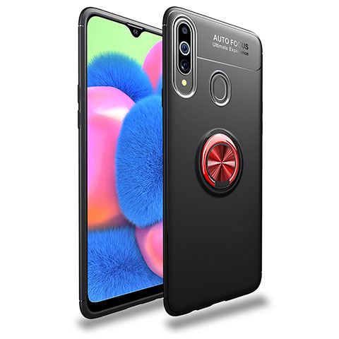 Silikon Hülle Handyhülle Ultra Dünn Schutzhülle Tasche Flexible mit Magnetisch Fingerring Ständer JM1 für Samsung Galaxy A20s Rot und Schwarz