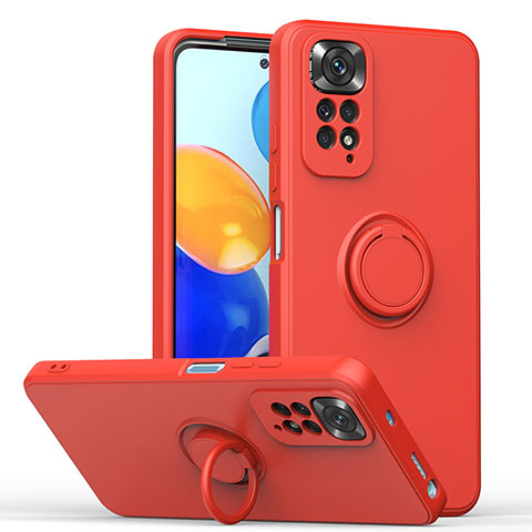 Silikon Hülle Handyhülle Ultra Dünn Schutzhülle Tasche Flexible mit Magnetisch Fingerring Ständer QW1 für Xiaomi Redmi Note 11 4G (2022) Rot