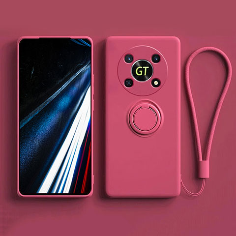 Silikon Hülle Handyhülle Ultra Dünn Schutzhülle Tasche Flexible mit Magnetisch Fingerring Ständer S01 für Huawei Honor X9 5G Pink