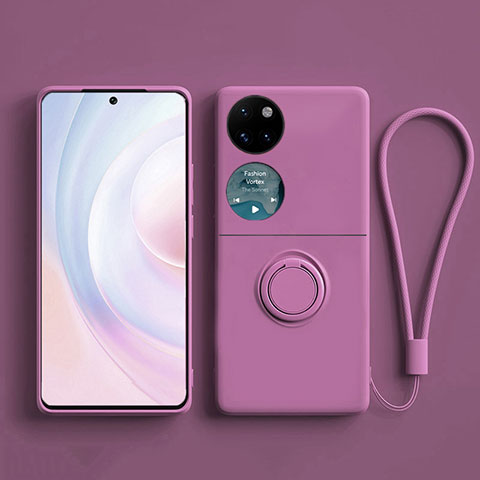 Silikon Hülle Handyhülle Ultra Dünn Schutzhülle Tasche Flexible mit Magnetisch Fingerring Ständer S01 für Huawei P50 Pocket Violett