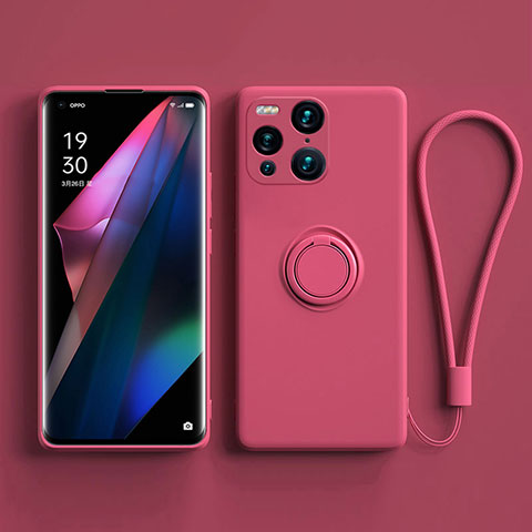 Silikon Hülle Handyhülle Ultra Dünn Schutzhülle Tasche Flexible mit Magnetisch Fingerring Ständer S01 für Oppo Find X3 5G Pink