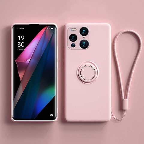 Silikon Hülle Handyhülle Ultra Dünn Schutzhülle Tasche Flexible mit Magnetisch Fingerring Ständer S01 für Oppo Find X3 5G Rosa