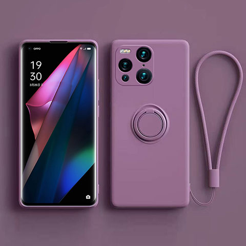 Silikon Hülle Handyhülle Ultra Dünn Schutzhülle Tasche Flexible mit Magnetisch Fingerring Ständer S01 für Oppo Find X3 5G Violett