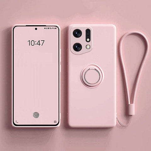 Silikon Hülle Handyhülle Ultra Dünn Schutzhülle Tasche Flexible mit Magnetisch Fingerring Ständer S01 für Oppo Find X5 5G Rosa