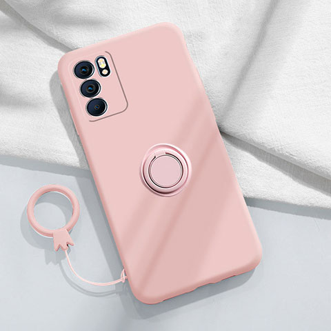 Silikon Hülle Handyhülle Ultra Dünn Schutzhülle Tasche Flexible mit Magnetisch Fingerring Ständer S01 für Oppo Reno6 5G Rosa