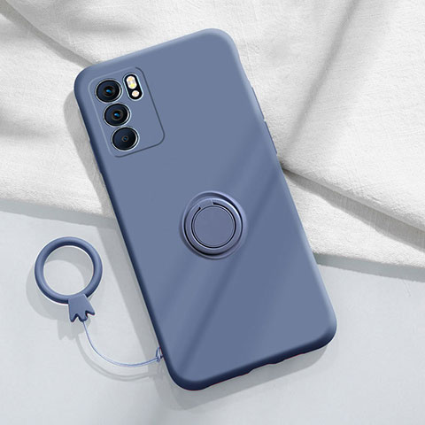 Silikon Hülle Handyhülle Ultra Dünn Schutzhülle Tasche Flexible mit Magnetisch Fingerring Ständer S01 für Oppo Reno6 Pro 5G India Lavendel Grau