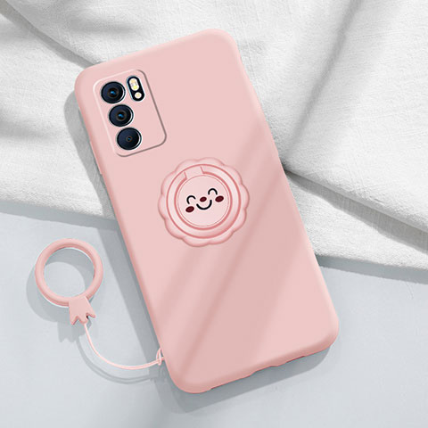 Silikon Hülle Handyhülle Ultra Dünn Schutzhülle Tasche Flexible mit Magnetisch Fingerring Ständer S02 für Oppo Reno6 Pro 5G India Rosa