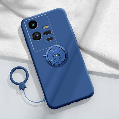 Silikon Hülle Handyhülle Ultra Dünn Schutzhülle Tasche Flexible mit Magnetisch Fingerring Ständer S02 für Vivo iQOO 11 Pro 5G Blau